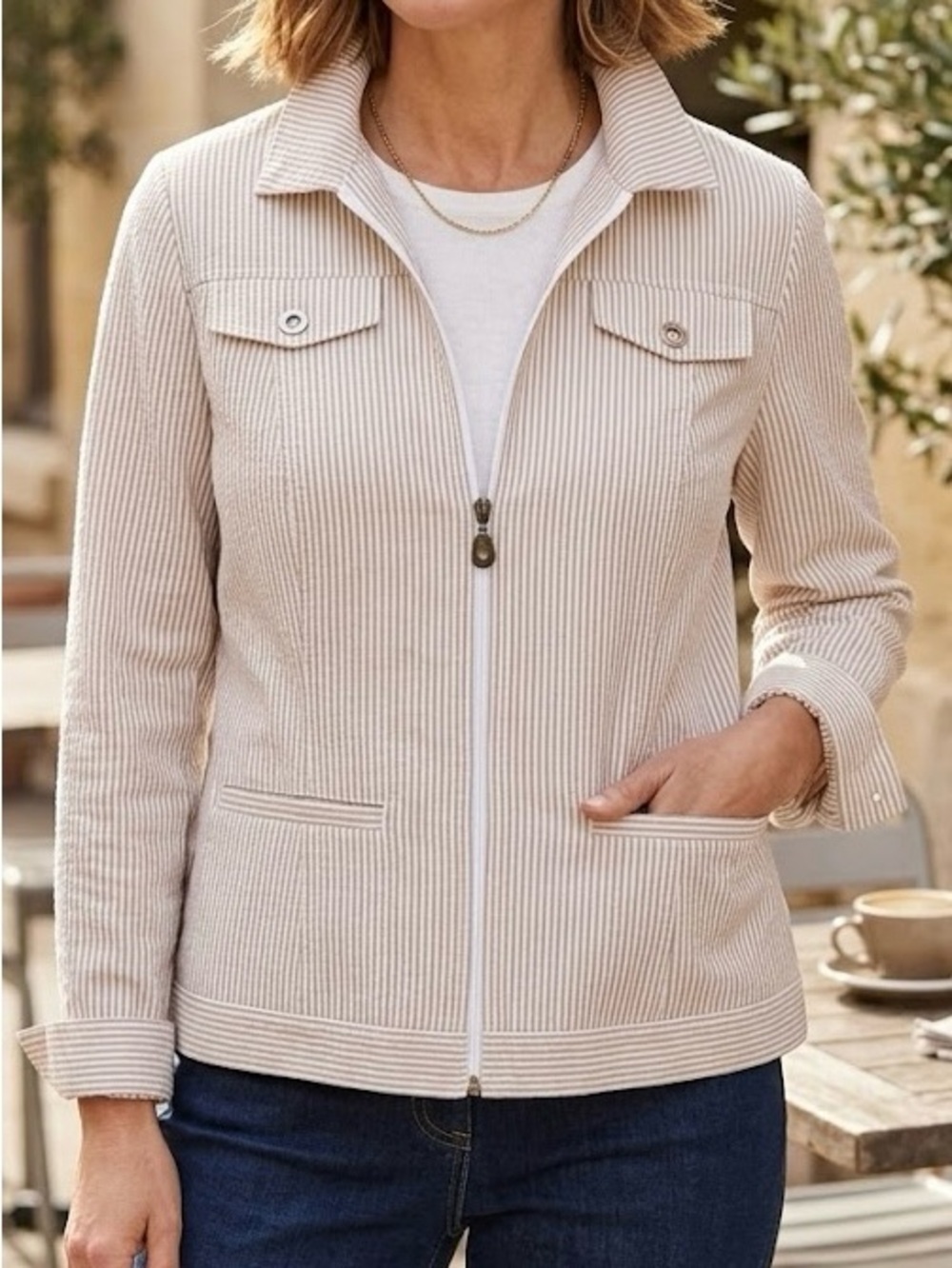 Alia Petite Tan & White Striped Full Zip Jacket with Roll Tab Sleeves Coastal
